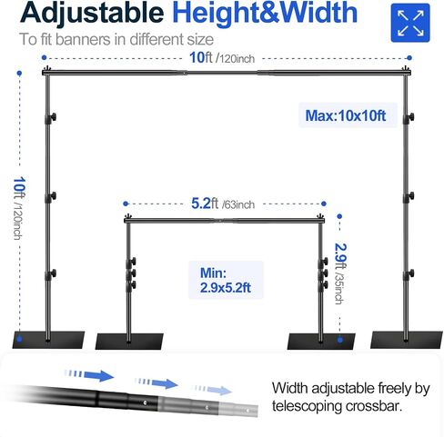 EMART Backdrop Stand, 10x10ft Width Adjustable Photography Background Support Poles with Heavy Duty Flat Base, Photo Metal Steel Pipe and Drape Frame Kit for Parties Birthday Wedding - Black in Kuwait