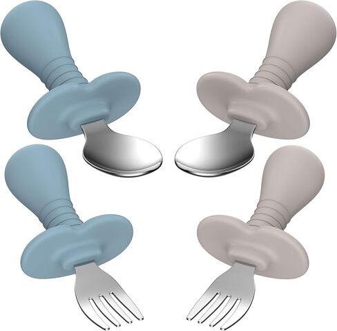 4 Pieces Toddler Utensils, Kids Silverware Set with Silicone Handle, 18/8 Stainless Steel Children Safe Forks and Spoons, BPA Free, Anti-Choke Design (Lite Blue, Grey) in Kuwait