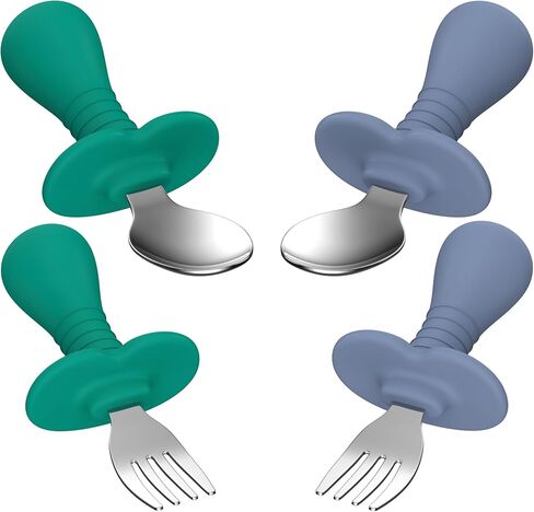 4 Pieces Toddler Utensils, Kids Silverware Set with Silicone Handle, 18/8 Stainless Steel Children Safe Forks and Spoons, BPA Free, Anti-Choke Design (Lite Blue, Grey) in Kuwait