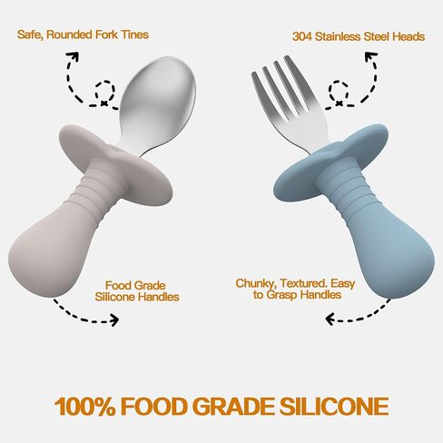 4 Pieces Toddler Utensils, Kids Silverware Set with Silicone Handle, 18/8 Stainless Steel Children Safe Forks and Spoons, BPA Free, Anti-Choke Design (Lite Blue, Grey) in Kuwait