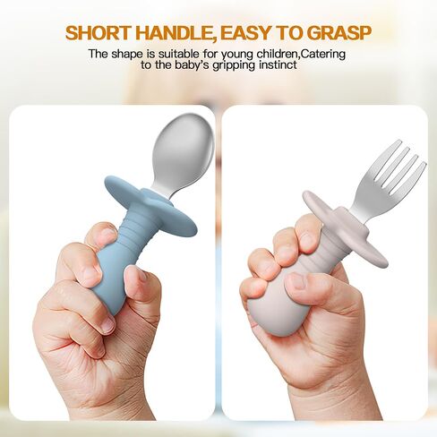 4 Pieces Toddler Utensils, Kids Silverware Set with Silicone Handle, 18/8 Stainless Steel Children Safe Forks and Spoons, BPA Free, Anti-Choke Design (Lite Blue, Grey) in Kuwait