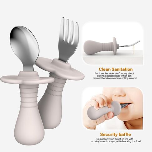4 Pieces Toddler Utensils, Kids Silverware Set with Silicone Handle, 18/8 Stainless Steel Children Safe Forks and Spoons, BPA Free, Anti-Choke Design (Lite Blue, Grey) in Kuwait