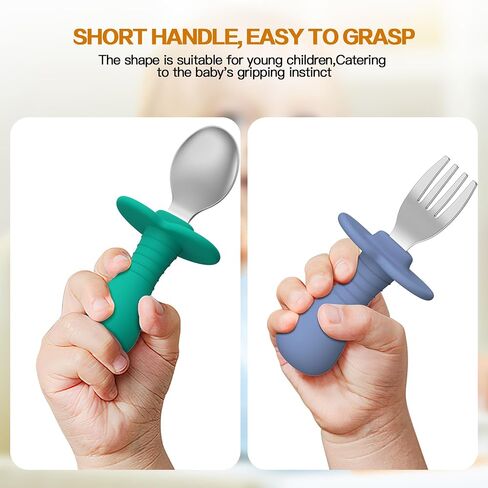 4 Pieces Toddler Utensils, Kids Silverware Set with Silicone Handle, 18/8 Stainless Steel Children Safe Forks and Spoons, BPA Free, Anti-Choke Design (Lite Blue, Grey) in Kuwait