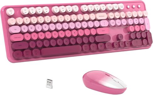 JAMfit Wireless Keyboard Mouse Combos, 2.4G Colorful Retro Typewriter Full-Size Keyboard - Gradient Colorful Computer Keyboard for Windows, Mac, PC, Desktops, Laptop (Gradient- Sakura Pink) in Kuwait