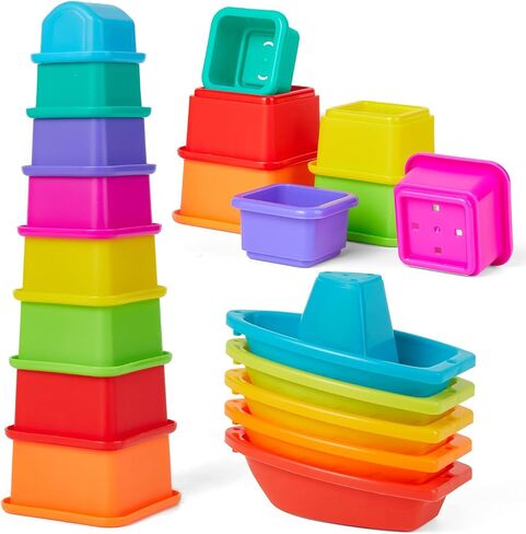 Stacking Cups Toy Set, Fun Educational Baby Toys, 13-PC Stackable Cups with Number Nesting Cups & Bath Boats Bath Toy for Babies 6-12 Months Stacking Cups for Toddlers 1-3 in Kuwait