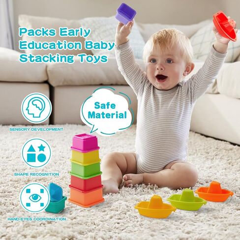 Stacking Cups Toy Set, Fun Educational Baby Toys, 13-PC Stackable Cups with Number Nesting Cups & Bath Boats Bath Toy for Babies 6-12 Months Stacking Cups for Toddlers 1-3 in Kuwait