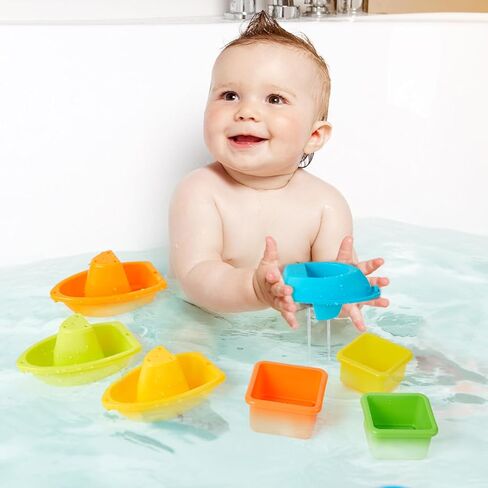 Stacking Cups Toy Set, Fun Educational Baby Toys, 13-PC Stackable Cups with Number Nesting Cups & Bath Boats Bath Toy for Babies 6-12 Months Stacking Cups for Toddlers 1-3 in Kuwait