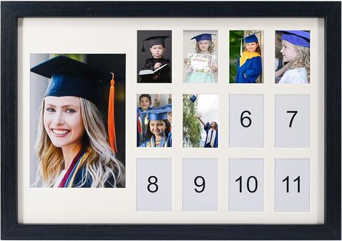 School Days Photo Frame K-12 School Years Picture Frame Graduation Photo Collage Black Horizontal Frame with Mat, Displays One 4x6 Photo and Twelve 2x3 Pictures in Kuwait