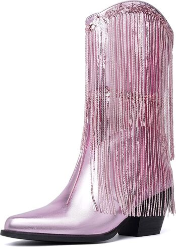 Womens Fringe Metallic Cowboy Boots Pointed Toe Chunky Hell Tassel Mid Calf Boots in Saudi Arabia