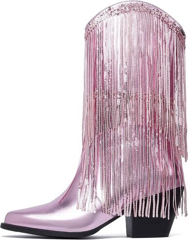 Womens Fringe Metallic Cowboy Boots Pointed Toe Chunky Hell Tassel Mid Calf Boots in Saudi Arabia
