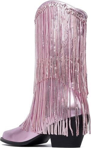 Womens Fringe Metallic Cowboy Boots Pointed Toe Chunky Hell Tassel Mid Calf Boots in Saudi Arabia