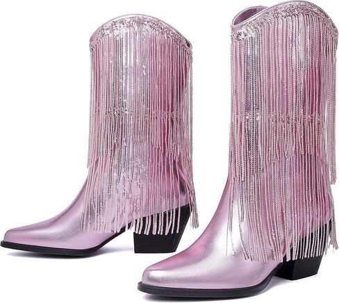 Womens Fringe Metallic Cowboy Boots Pointed Toe Chunky Hell Tassel Mid Calf Boots in Saudi Arabia