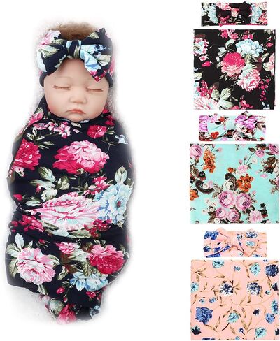 DRESHOW BQUBO Newborn Floral Receiving Blankets 3 Sets Newborn Baby Swaddling with Bow Headbands Swaddle Wrap Toddler Warm Shower Gift in Saudi Arabia