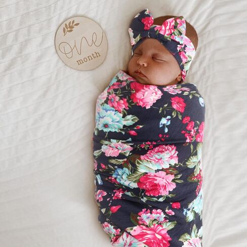 DRESHOW BQUBO Newborn Floral Receiving Blankets 3 Sets Newborn Baby Swaddling with Bow Headbands Swaddle Wrap Toddler Warm Shower Gift in Saudi Arabia