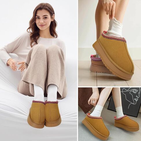 Platform Slippers for Women Winter Snow Mini Boots Suede Warm Lined Shoes Short Ankle Anti-Slip Platform Boots Slip on Home Fuzzy Slippers for Indoor Outdoor in Saudi Arabia