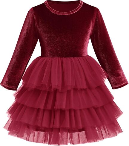OBEEII Toddler Baby Flower Girl Dress Velvet Long Sleeve Tiered Tulle Tutu Dress Wedding Birthday Christmas Party Dress in Kuwait