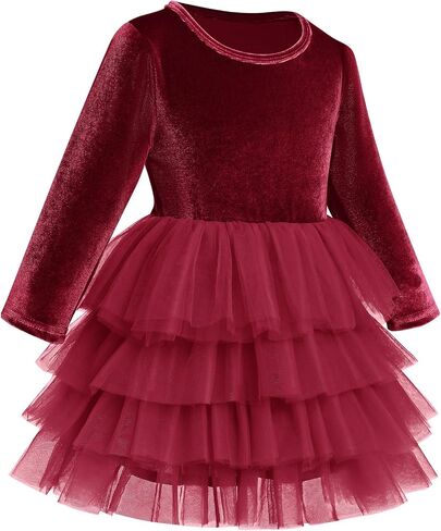 OBEEII Toddler Baby Flower Girl Dress Velvet Long Sleeve Tiered Tulle Tutu Dress Wedding Birthday Christmas Party Dress in Kuwait