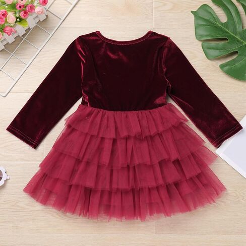 OBEEII Toddler Baby Flower Girl Dress Velvet Long Sleeve Tiered Tulle Tutu Dress Wedding Birthday Christmas Party Dress in Kuwait