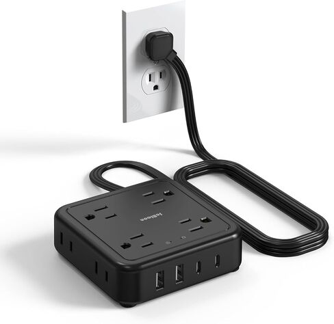 واقي من زيادة التيار الكهربائي - سلك تمديد مسطح رفيع للغاية بطول 5 أقدام مع 4 منافذ USB (شاحن USB C)، 3 منافذ جانبية و8 منافذ واسعة، مدمج وصغير، 1050J، حامل على الحائط للمنزل والمكتب، أبيض in Kuwait