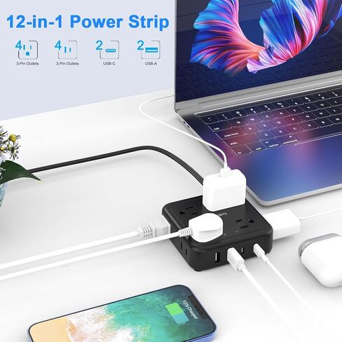واقي من زيادة التيار الكهربائي - سلك تمديد مسطح رفيع للغاية بطول 5 أقدام مع 4 منافذ USB (شاحن USB C)، 3 منافذ جانبية و8 منافذ واسعة، مدمج وصغير، 1050J، حامل على الحائط للمنزل والمكتب، أبيض in Kuwait