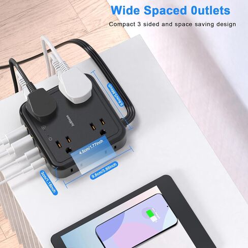 واقي من زيادة التيار الكهربائي - سلك تمديد مسطح رفيع للغاية بطول 5 أقدام مع 4 منافذ USB (شاحن USB C)، 3 منافذ جانبية و8 منافذ واسعة، مدمج وصغير، 1050J، حامل على الحائط للمنزل والمكتب، أبيض in Kuwait