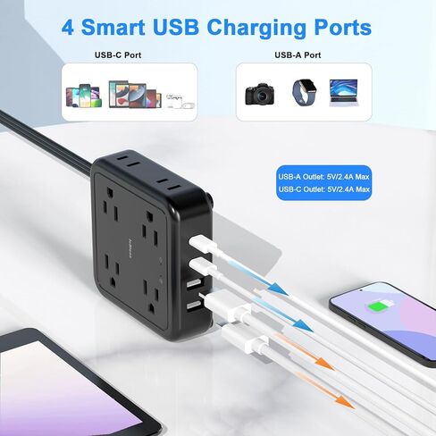 واقي من زيادة التيار الكهربائي - سلك تمديد مسطح رفيع للغاية بطول 5 أقدام مع 4 منافذ USB (شاحن USB C)، 3 منافذ جانبية و8 منافذ واسعة، مدمج وصغير، 1050J، حامل على الحائط للمنزل والمكتب، أبيض in Kuwait