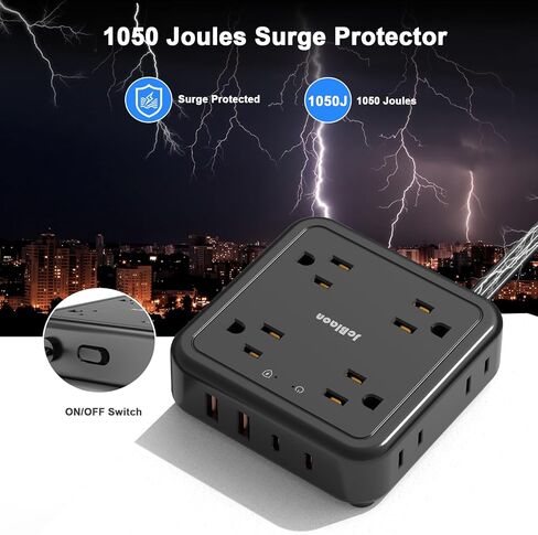 واقي من زيادة التيار الكهربائي - سلك تمديد مسطح رفيع للغاية بطول 5 أقدام مع 4 منافذ USB (شاحن USB C)، 3 منافذ جانبية و8 منافذ واسعة، مدمج وصغير، 1050J، حامل على الحائط للمنزل والمكتب، أبيض in Kuwait