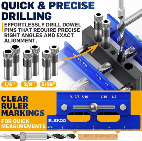 Upgraded 6.7 inch Self Centering Doweling Jig Kit (Blue), Drill Jig For Straight Holes Biscuit Joiner Set With 6 Drill Guide Bushings, Adjustable Width Drilling Guide Power Tool Accessory Jigs in Saudi Arabia