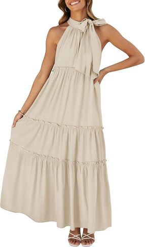 ZESICA Womens Summer Boho Halter Maxi Dresses 2024 Casual Sleeveless Pleated Tiered Flowy Beach Vacation Long Dress in Saudi Arabia