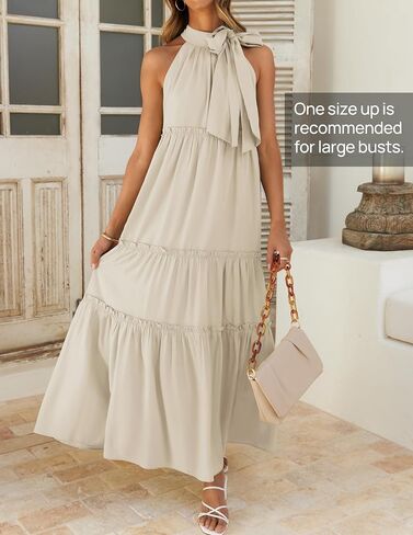 ZESICA Womens Summer Boho Halter Maxi Dresses 2024 Casual Sleeveless Pleated Tiered Flowy Beach Vacation Long Dress in Saudi Arabia