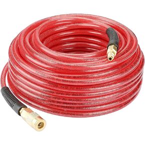 YOTOO خرطوم هواء 1/4 بوصة × 100 قدم، خرطوم ضاغط هواء من البولي يوريثين المقوى للخدمة الشاقة، مرن، مقاوم للالتواء، خفيف الوزن مع مقيد الانحناء، وصلة توصيل صناعية سريعة دوارة 1/4 بوصة، أحمر in Kuwait