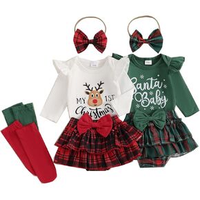 ZyHwShine My First Baby Girl Christmas Outfit Santa Baby Letter Romper Plaid Ruffle Skirt Dress Socks Baby Christmas Dress