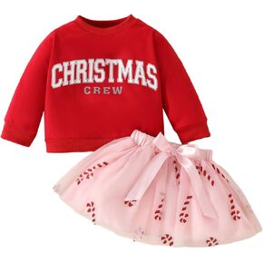 Toddler Baby Girl Christmas Outfits Red Christmas Crew Print Sweatshirt Tops+ Pink Tutu Skirts Dress Fall Clothes