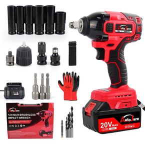 Cordless Impact Wrench Kit 1/2 inch,Electric Powerful Brushless Motor 20V Max Rechargeable Lithium-Ion Battery with Charger 6pcs Sockets Cordless Wrench Kit