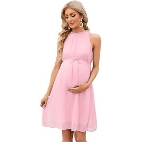 KOJOOIN Maternity Ruffle Halter Neck Dress Summer Casual Boho Sleeveless High Waisted Flowy Midi Dress Photoshoot Baby Shower
