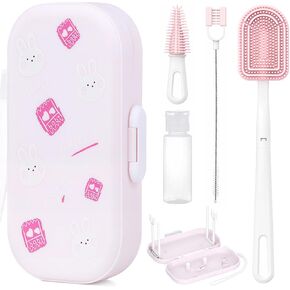 6-in-1 Travel Baby Bottle Brush Cleaning Kit, Travel Bottle Cleaner Kit with Silicone Bottle Brush, Nipple Brush, Straw Brush, Drying Rack, Dispenser, Organizer, Baby Travel Essential - Pink