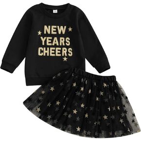 Omkzanbi New Year Cheer Toddler Outfit Happy New Year Sweatshirt Tulle Tutu Skirt 2Pcs Little Girl Holiday Dress Clothes 1-7Y