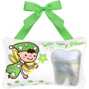Tooth Fairy Pillow for Boy and Girl Embroidered Cartoon Tooth Pocket Tooth Fairy Gifts Kids (Green)
