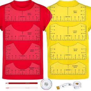 9Pcs Tshirt-Ruler Guide to Center Vinyl, Transparent V-Neck/Round PVC Ruler for Alignment, Heat Press, Children Youth Adult, Front and Back Measurement (10in)