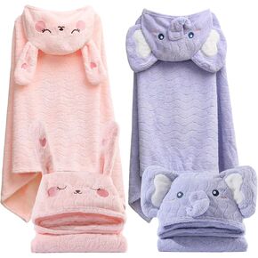 2 Pack Toddler Towels with Hood Thick Toddler Towels 55" x 27.5" Baby Hooded Bath Towels Set for Girl Boy Super Absorbent Toddler Hooded Towels Age 1-5, Elephant & Rabbit