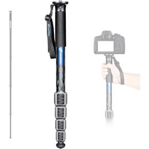 Camera Monopod Carbon Fiber Portable Compact Lightweight Travel Monopod with Wrist Strap, Silicone Handle, Twist Locks, 5-Section up to 165cm, Max Load 15kg，Black(MPQ-325C)