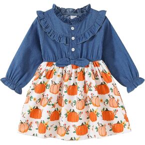 Infant Toddler Baby Girls Halloween Dress Ruffled Button Pumpkin Printed Bowknot Long Sleeve Denim Fall Skirt