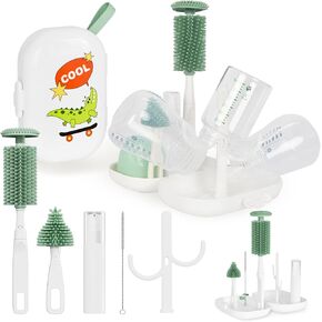 Portable 6 in 1 Travel Bottle Cleaner Kit, Baby Travel Essential, Bottle Brush Set with Silicone Bottle Brush,Nipple Cleaner Brush,Straw Brush,Soap Dispenser,Storage Box,Bottle Drying Rack