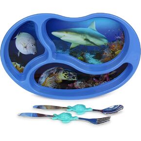 Kids Divided Plate with Utensils - Children's Meal Set with Plate, Fork and Spoon - Ocean