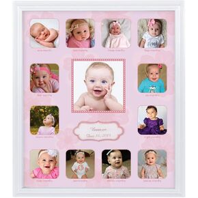 Collage Photo Frame for Baby First Year Keepsake, Multi Picture Frames for Baby Newborn 1st Birthday GiftMemory Home Decor size 11 x 13 x 1 inch with 13 Slots in Pink White Prime Wood