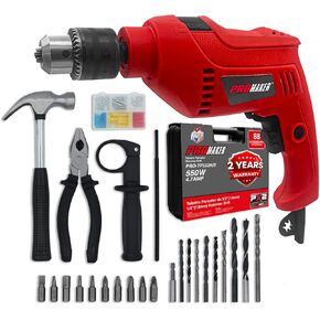 PROMAKER Corded Drill with 88 Accesories, 1/2-inch - Tool set with drill and adjustable handle,- Hammer Drill with Variable speed 0-3000 RPM - Electric drill with option to choose Drill and Hammer.
