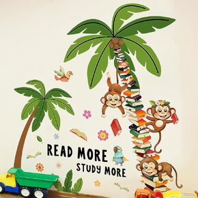 Library Decor Monkey Wall Decals Peel and Stick Wall Stickers & Murals Classroom Wall Stickers Decor Reading Room Vinyl Wall Murals Peel and Stick Reading Corner Classroom Book Wall Decals