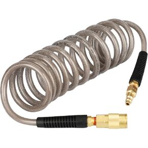YOTOO Reinforced Polyurethane Recoil Air Hose 1/4" Inner Diameter by 10' Long, Heavy Duty, Flexible Air Compressor Hose with Bend Restrictor, 1/4" Swivel Industrial Quick Coupler and Plug, Gray