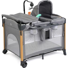 JOYMOR 7 in 1 Bedside Bassinet with Changing Table, All in One Nursery Center, Bedside Sleeper with Mattress, Sheet, Canopy, Storage Shelf and Hanging Toy,Gray