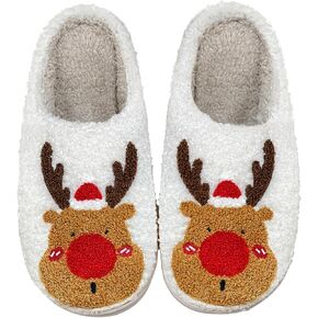 Christmas Slippers Reindeer Slippers for Women and Men Holiday Halloween Slippers Indoor Bedroom Fluffy Warm Fleece Slippers Winter Soft Cozy Home Non-Slip Soft Plush Slip-on Wool Lined House Shoes